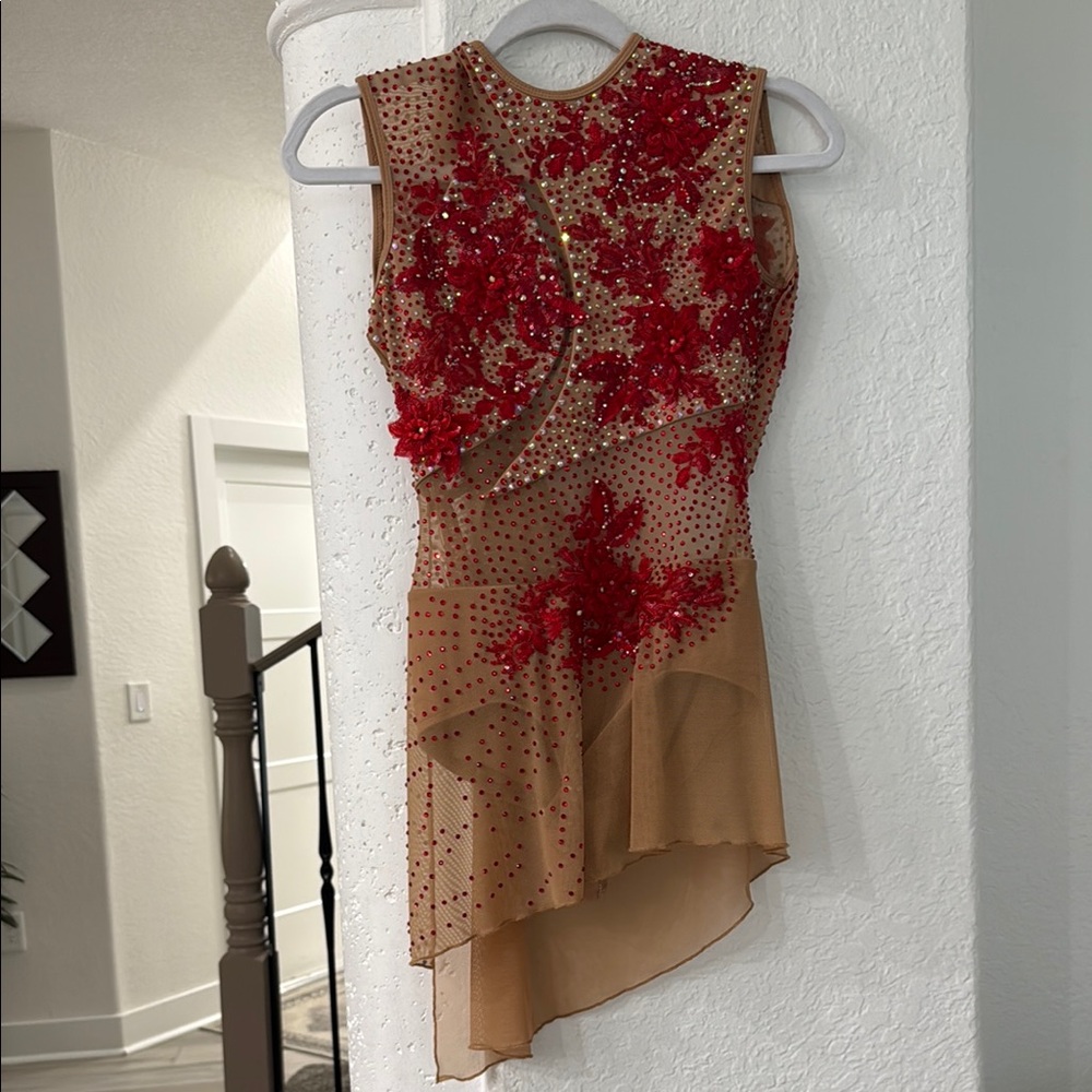 Nude Mesh Asymmetrical Dress with Red Floral Appliqué
